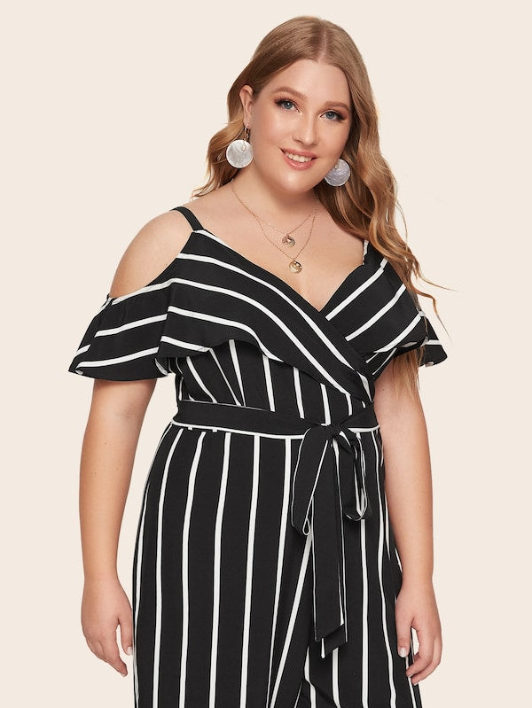 Plus Cold Shoulder Wrap Belted Striped Jumpsuit