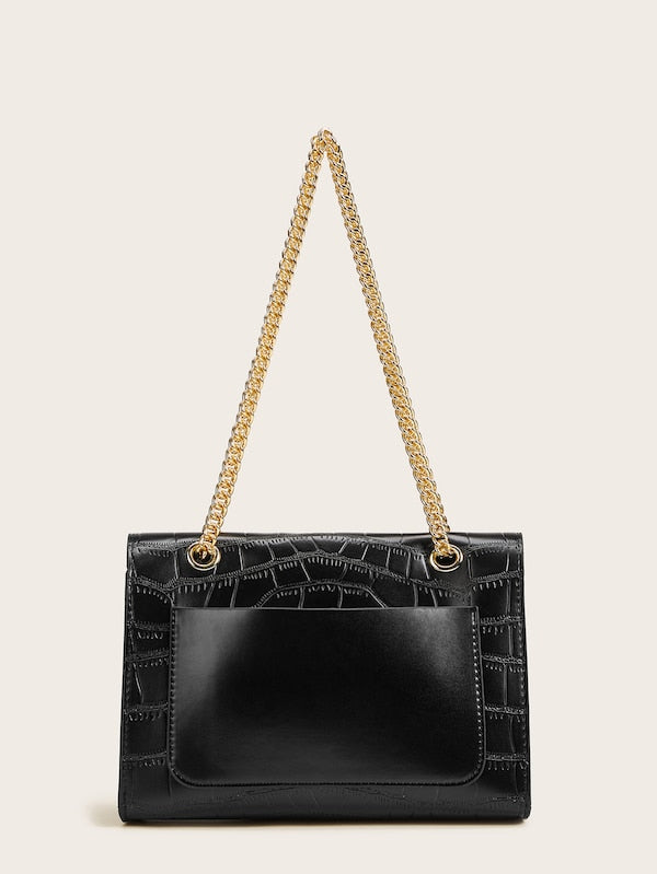 Croc Embossed Twist Lock Chain Crossbody Bag