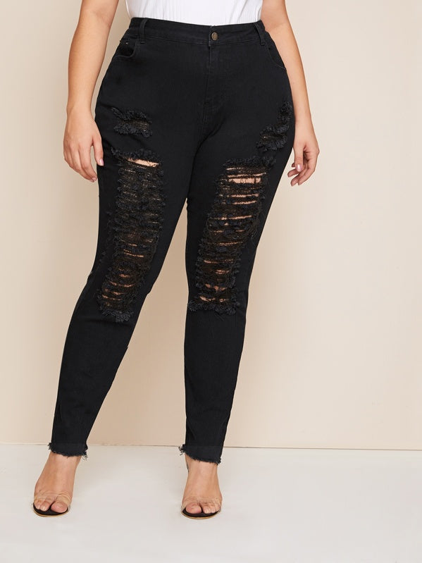 Plus Distressed Raw Hem Skinny Jeans