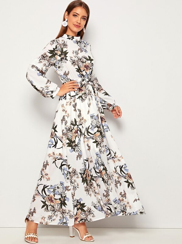 Allover Floral Print Self Tie Swing Maxi Dress