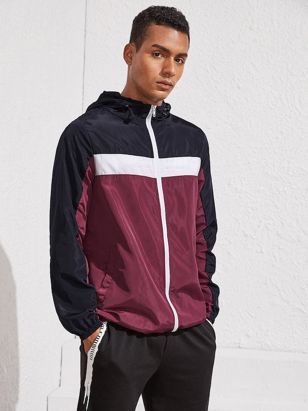Men Cut And Sew Windbreaker Hooded Jacket