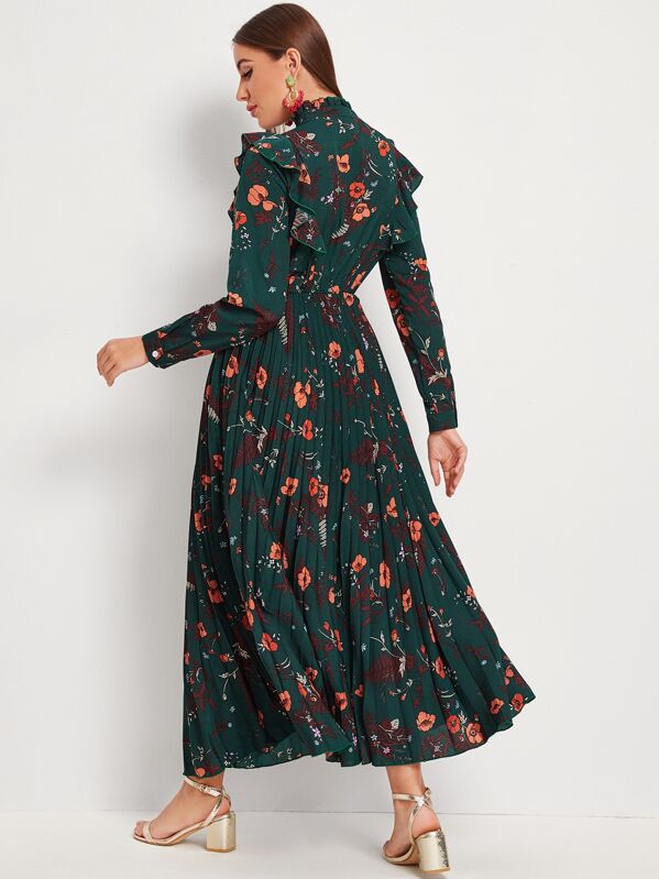 Floral Print Ruffle Trim Tie Neck Pleated Dress
