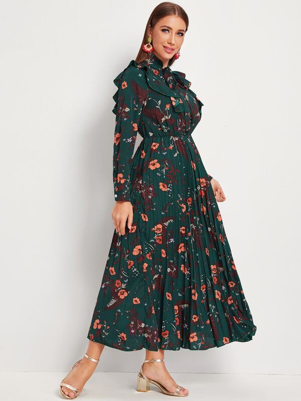 Floral Print Ruffle Trim Tie Neck Pleated Dress