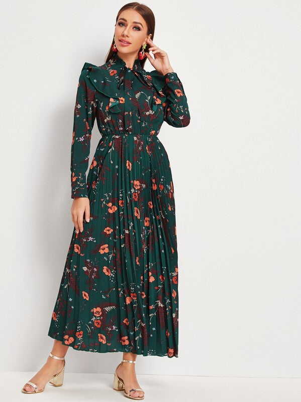 Floral Print Ruffle Trim Tie Neck Pleated Dress