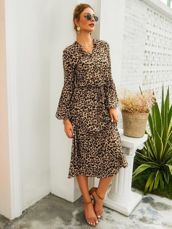 Leopard Print Half Button Blouson Shirt Dress