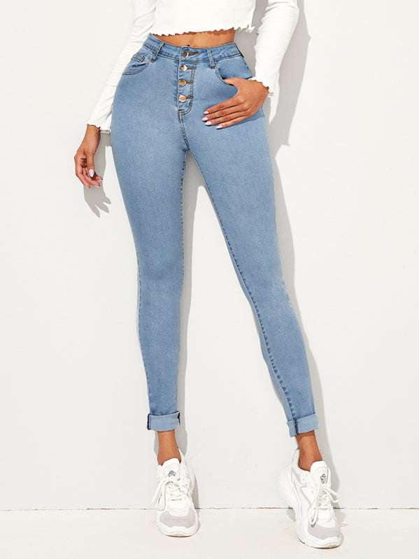 Light Wash Button Front Skinny Jeggings