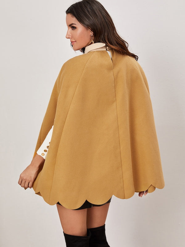 Contrast Tie Neck Scallop Hem Colorblock Cape Coat