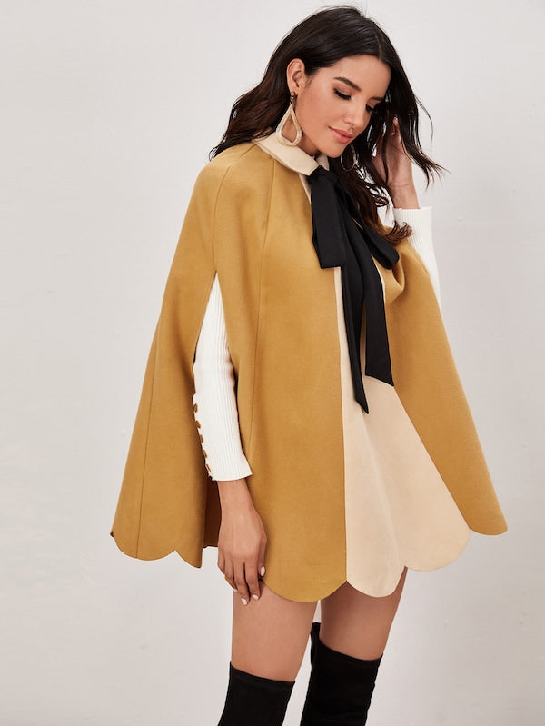 Contrast Tie Neck Scallop Hem Colorblock Cape Coat