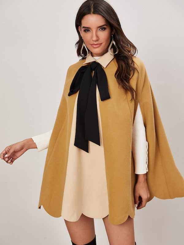 Contrast Tie Neck Scallop Hem Colorblock Cape Coat