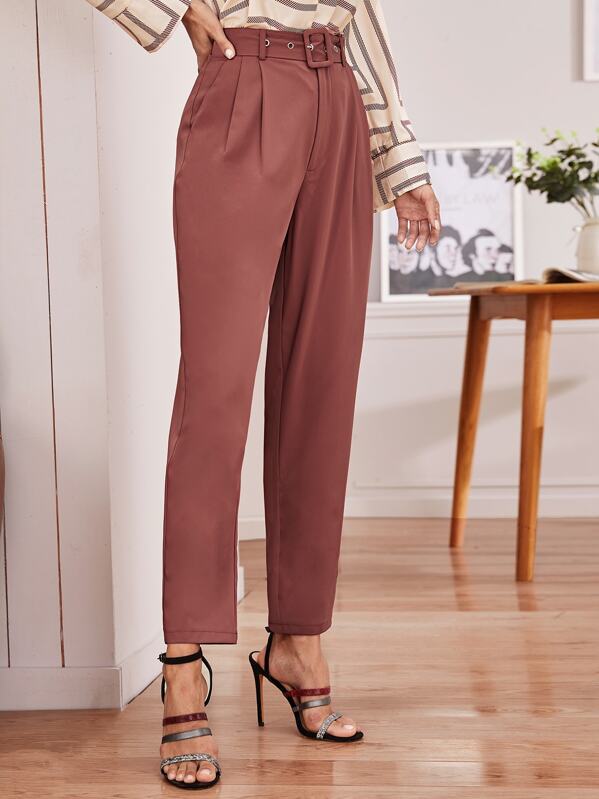 Buckle Belted Detail Slant Pocket Cigarette Trousers