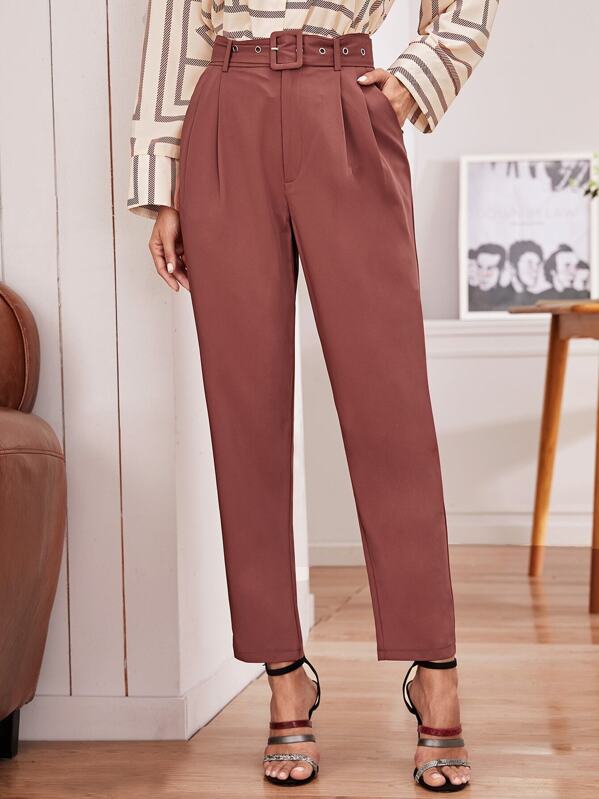 Buckle Belted Detail Slant Pocket Cigarette Trousers
