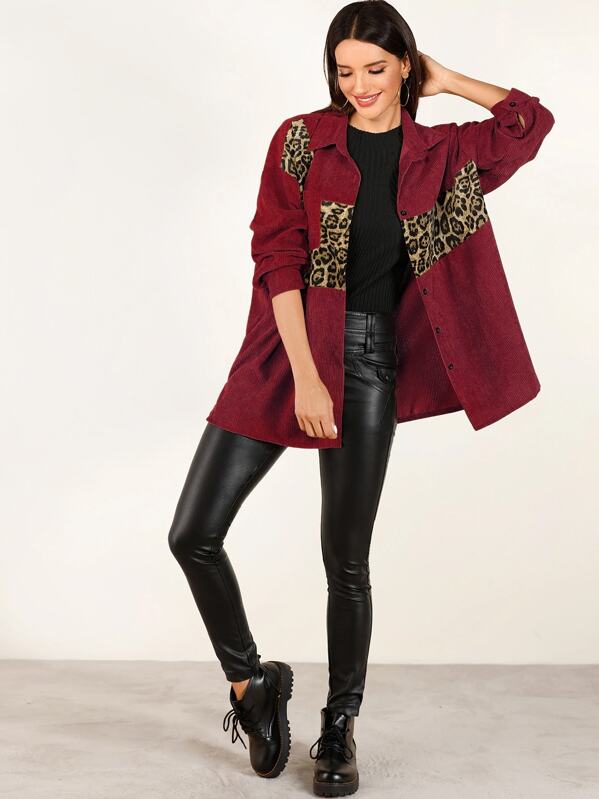 Contrast Leopard Button Through Corduroy Coat