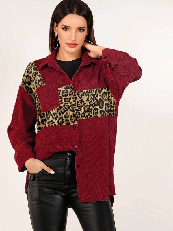 Contrast Leopard Button Through Corduroy Coat