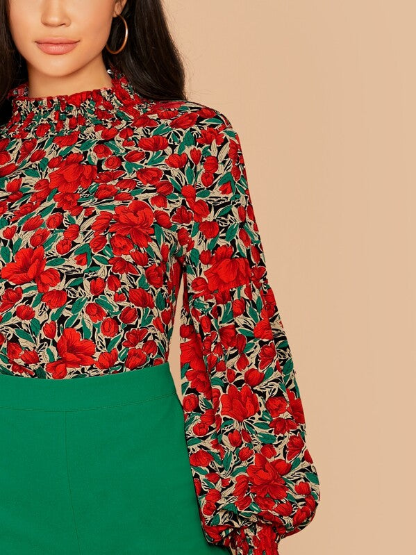 Shirred Neck Balloon Sleeve Floral Print Top