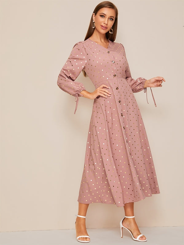 Gold Print Tie Sleeve V Neck Dress