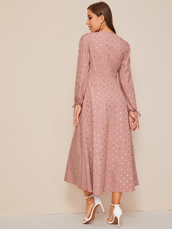 Gold Print Tie Sleeve V Neck Dress