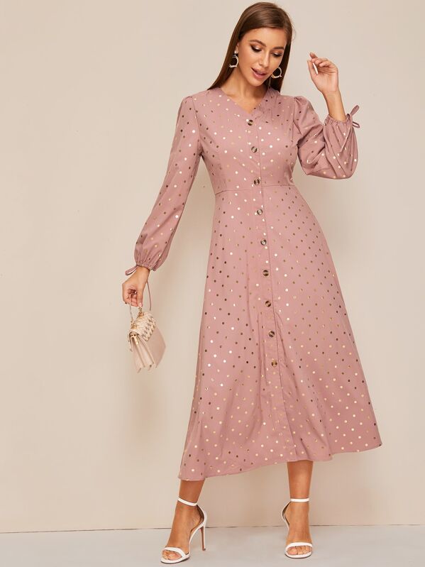 Gold Print Tie Sleeve V Neck Dress