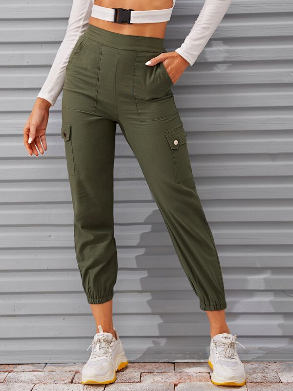 Flap Pocket Elastic Hem Army Green Cargo Trousers