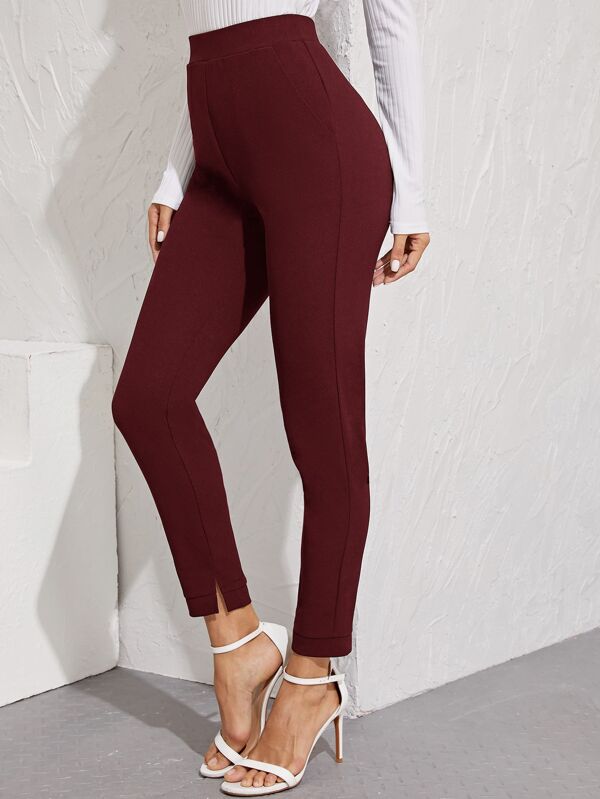 Elastic Waist Split Hem Burgundy Trousers