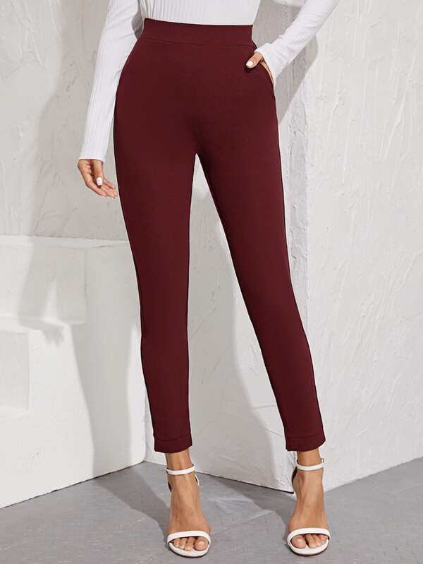Elastic Waist Split Hem Burgundy Trousers