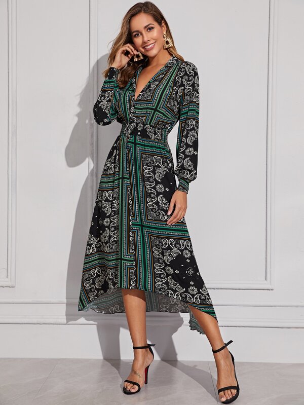 Scarf Print High Low Shirt Dress