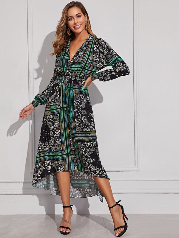 Scarf Print High Low Shirt Dress