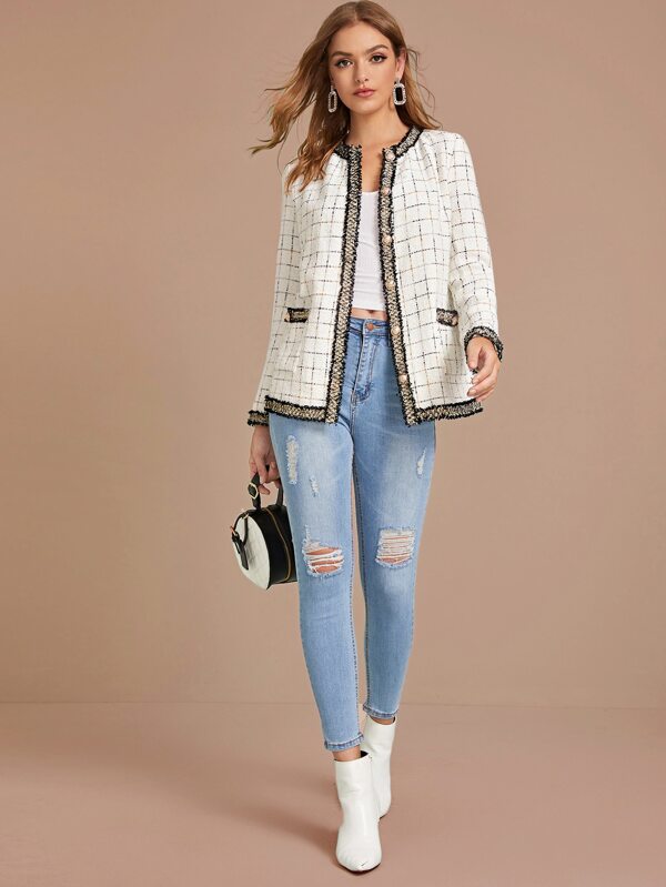 Contrast Frayed Trim Plaid Tweed Coat