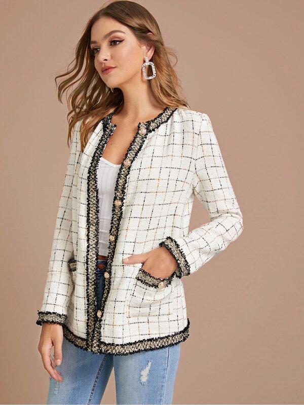 Contrast Frayed Trim Plaid Tweed Coat