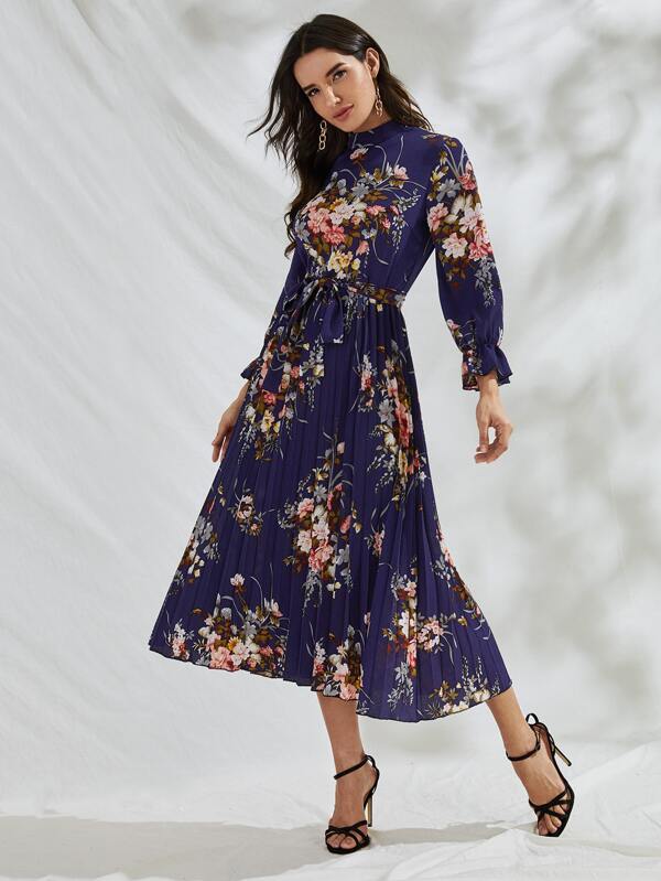 Mock Neck Floral Print Pleated Hem Belted Dress
