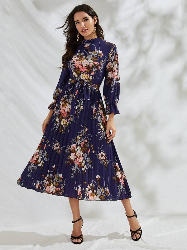 Mock Neck Floral Print Pleated Hem Belted Dress