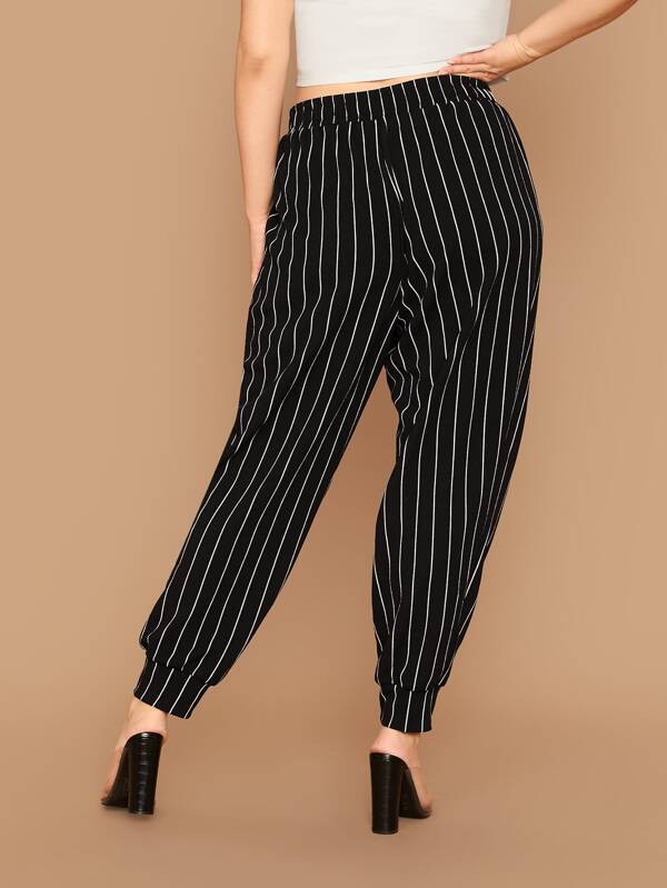 Plus Drawstring Waist Striped Trousers