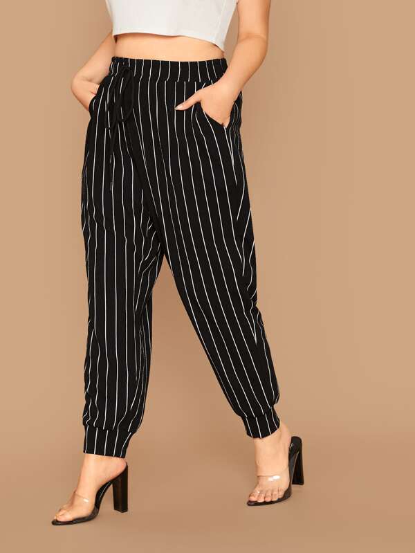 Plus Drawstring Waist Striped Trousers