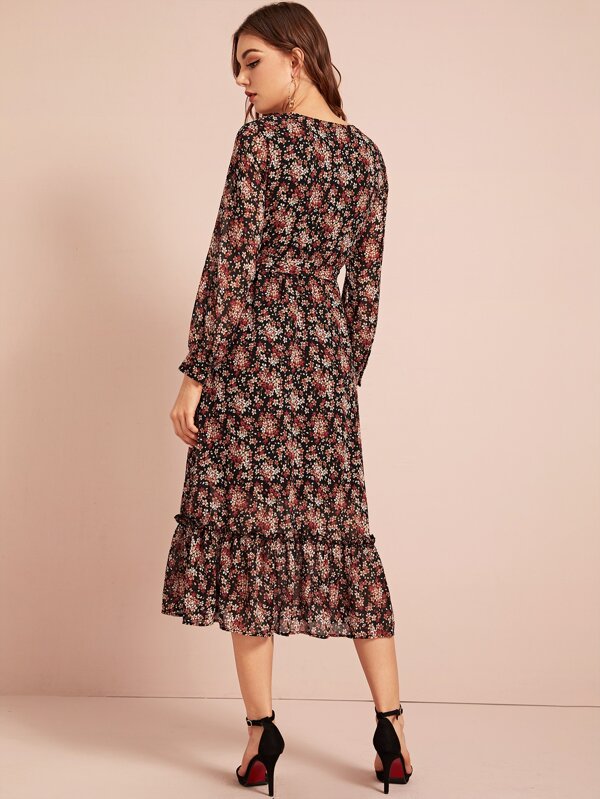 Wrap Belted Ditsy Floral Print Frilled Dress