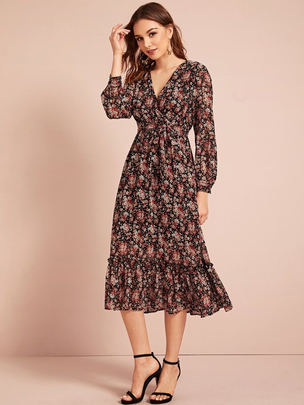 Wrap Belted Ditsy Floral Print Frilled Dress