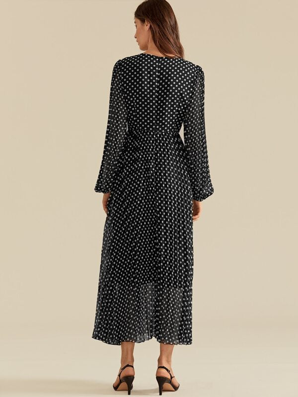 Polka Dot Blouson Sleeve Pleated Dress