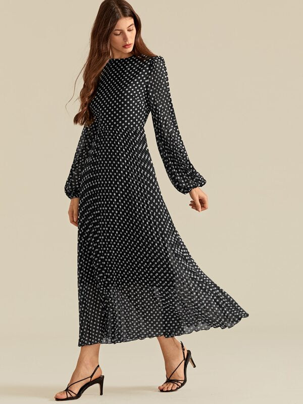 Polka Dot Blouson Sleeve Pleated Dress