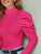 Stand Collar Rib-Knit Balloon Sleeve Pink Top