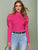 Stand Collar Rib-Knit Balloon Sleeve Pink Top