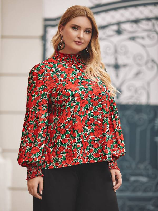 Plus Shirred Neck Blouson Sleeve Floral Blouse