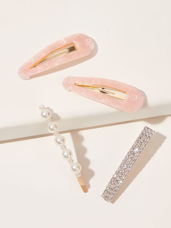Rhinestone Engraved Faux Pearl Hair Clip 4 Pack
