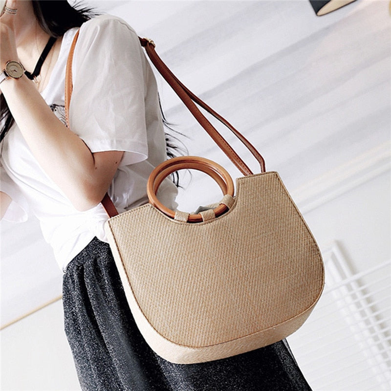 Wooden Handle Knitted Straw Bags