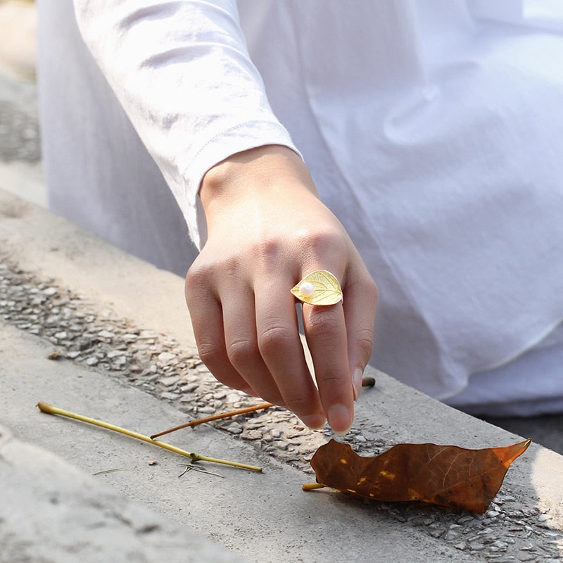 Handmade Pearl Leaf Ring
