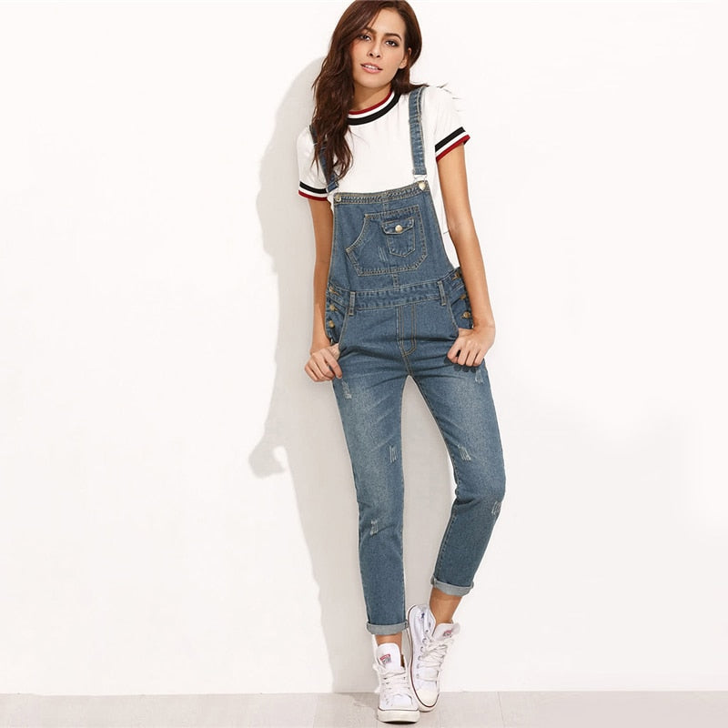 Ripped Rolled Hem Denim Dungaree