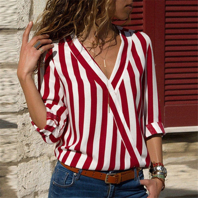 Striped Print V-Neck Blouse