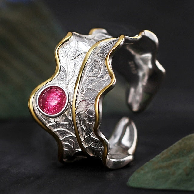 Natural Tourmaline Peony Leaf Ring
